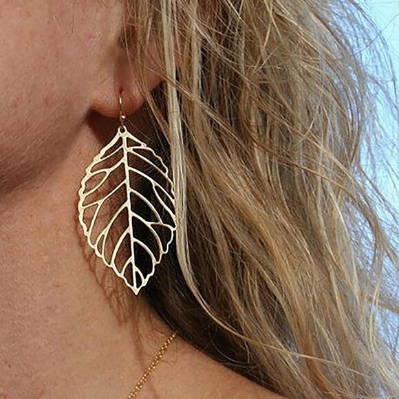 Gold Boho Hollow Large Leaf cut Earrings - Picture 1 of 5